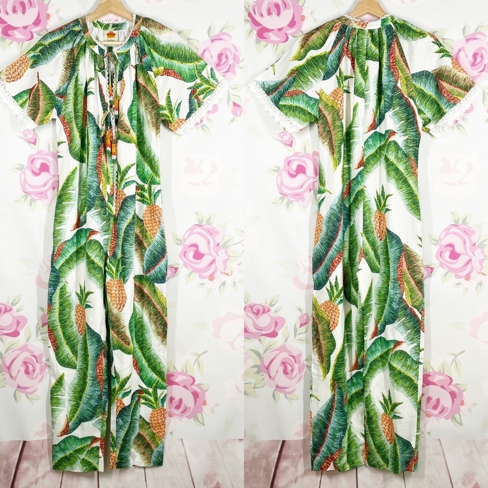 NEW FARM Rio Forest Palm Tropical Linen Jumpsuit XS